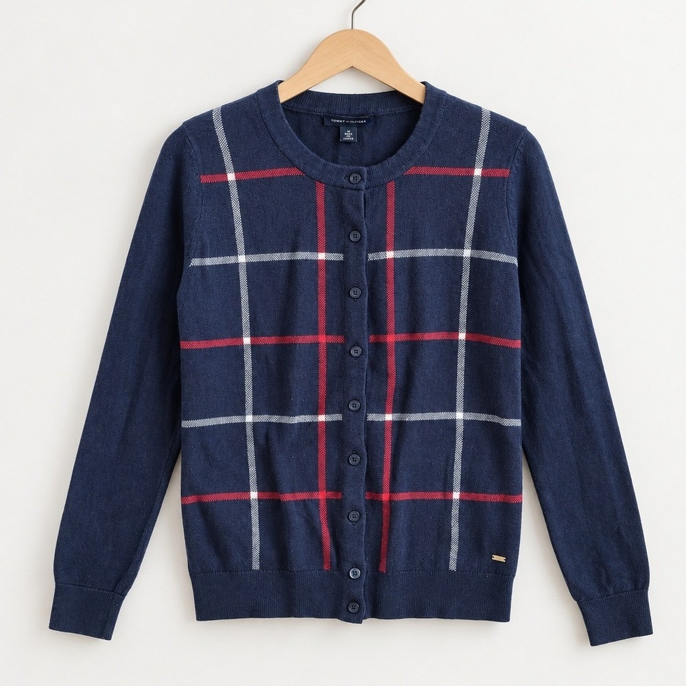 Tommy Hilfiger Womens XS Navy Blue Red White Windowpane Plaid Cardigan Sweater